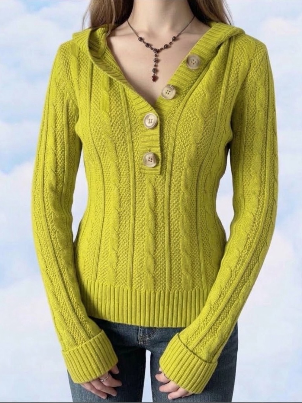 Y2K Old Navy Hooded Cable Knit Sweater in Lime Green Yellow